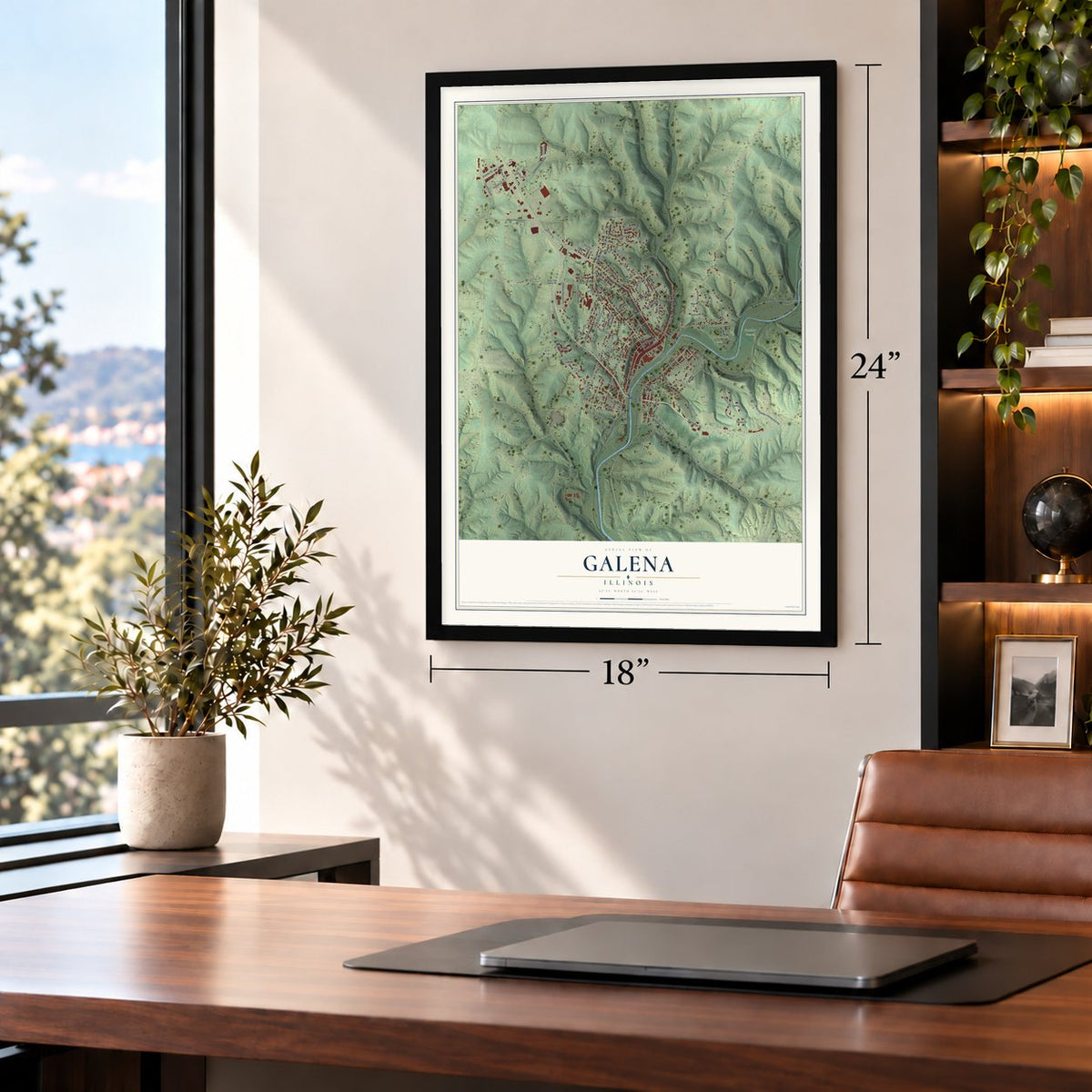 Galena, Illinois map, 18 x 24 inch print in a black frame in a home office