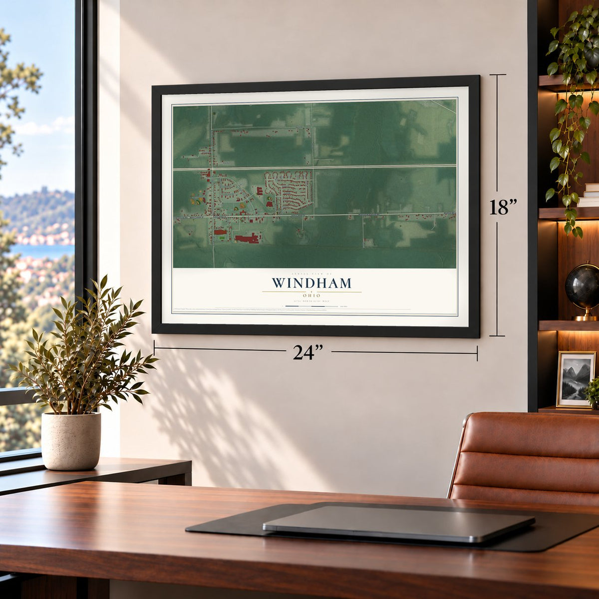 Windham, Ohio map, 18 x 24 inch print in a black frame in a home office
