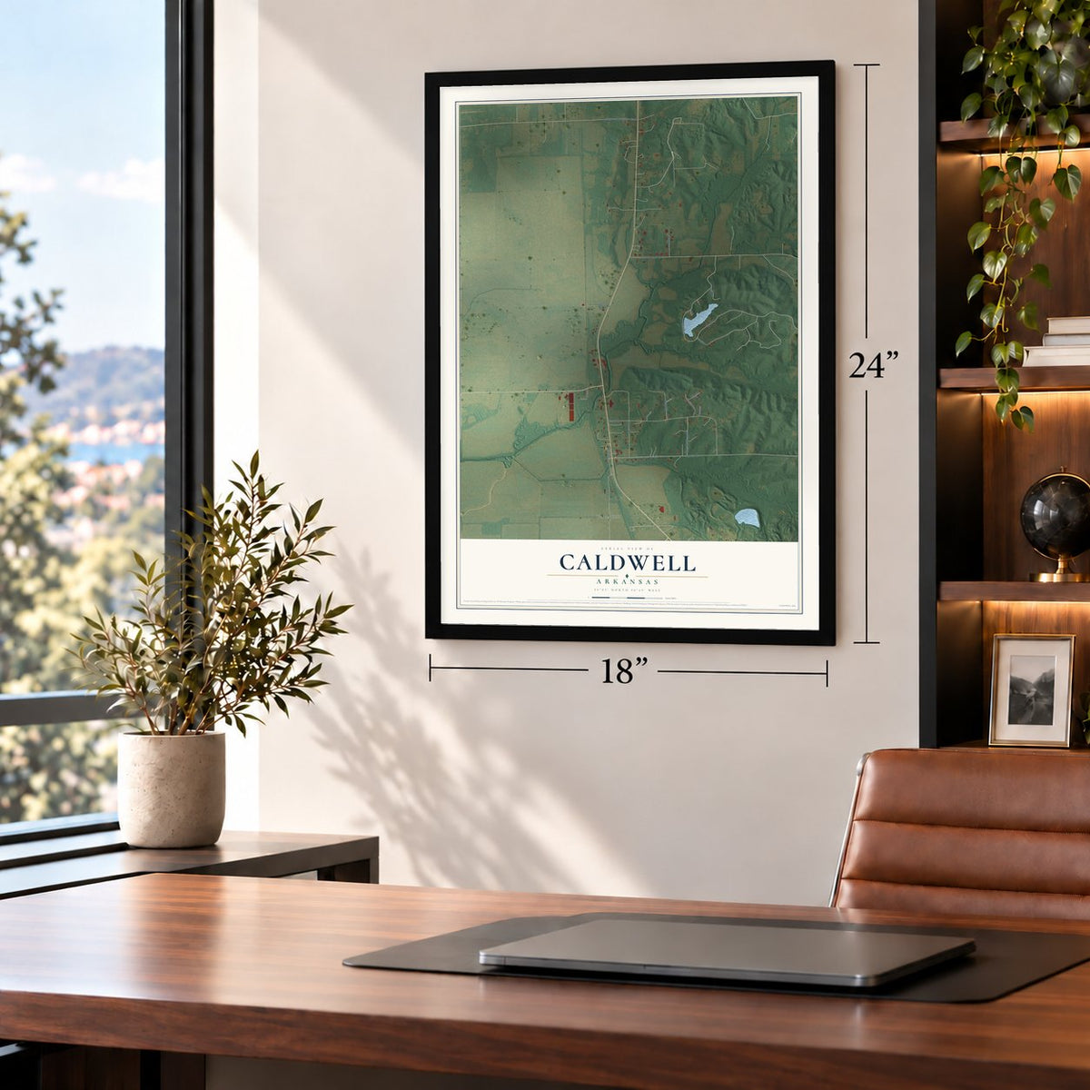 Caldwell, Arkansas map, 18 x 24 inch print in a black frame in a home office