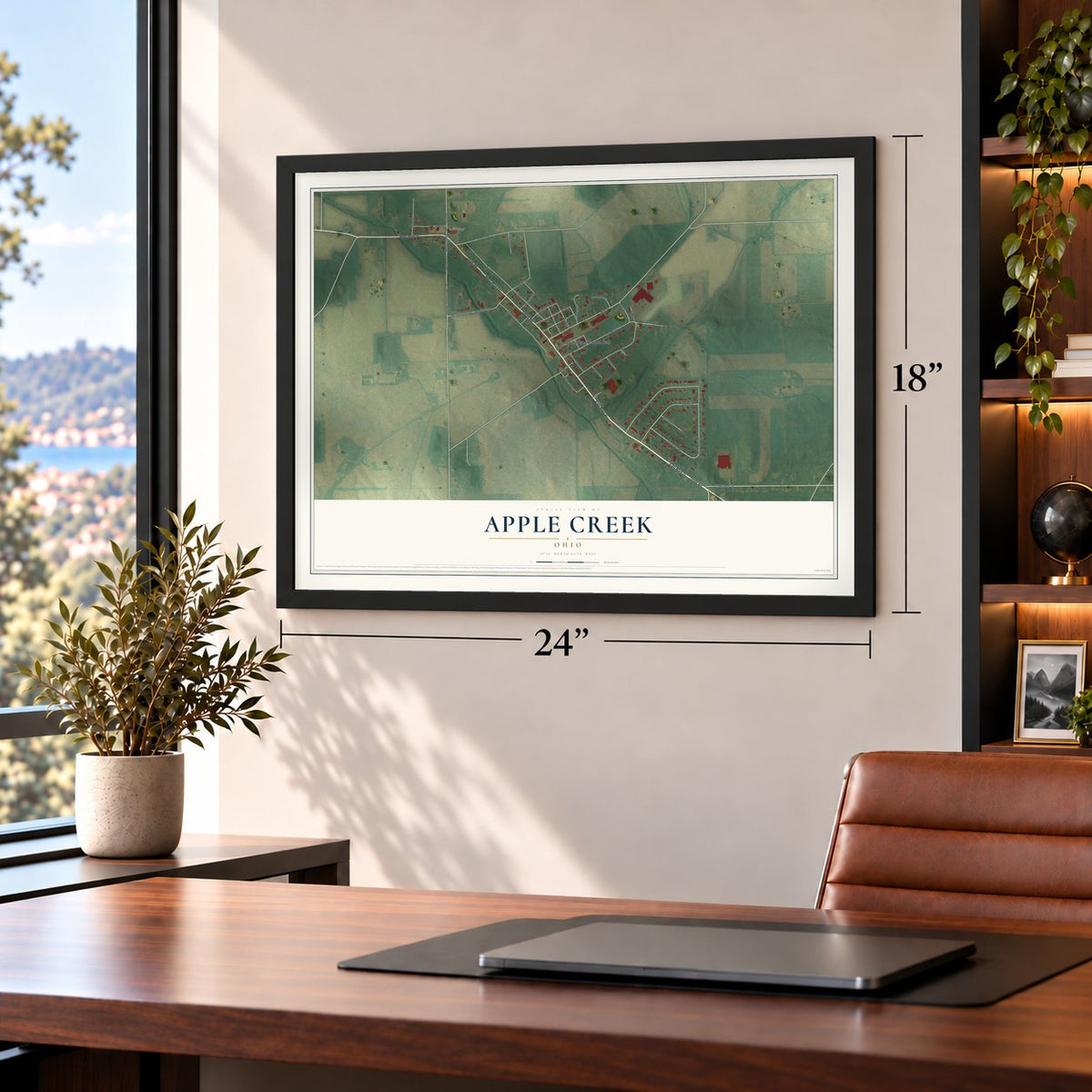 Apple Creek, Ohio map, 18 x 24 inch print in a black frame in a home office