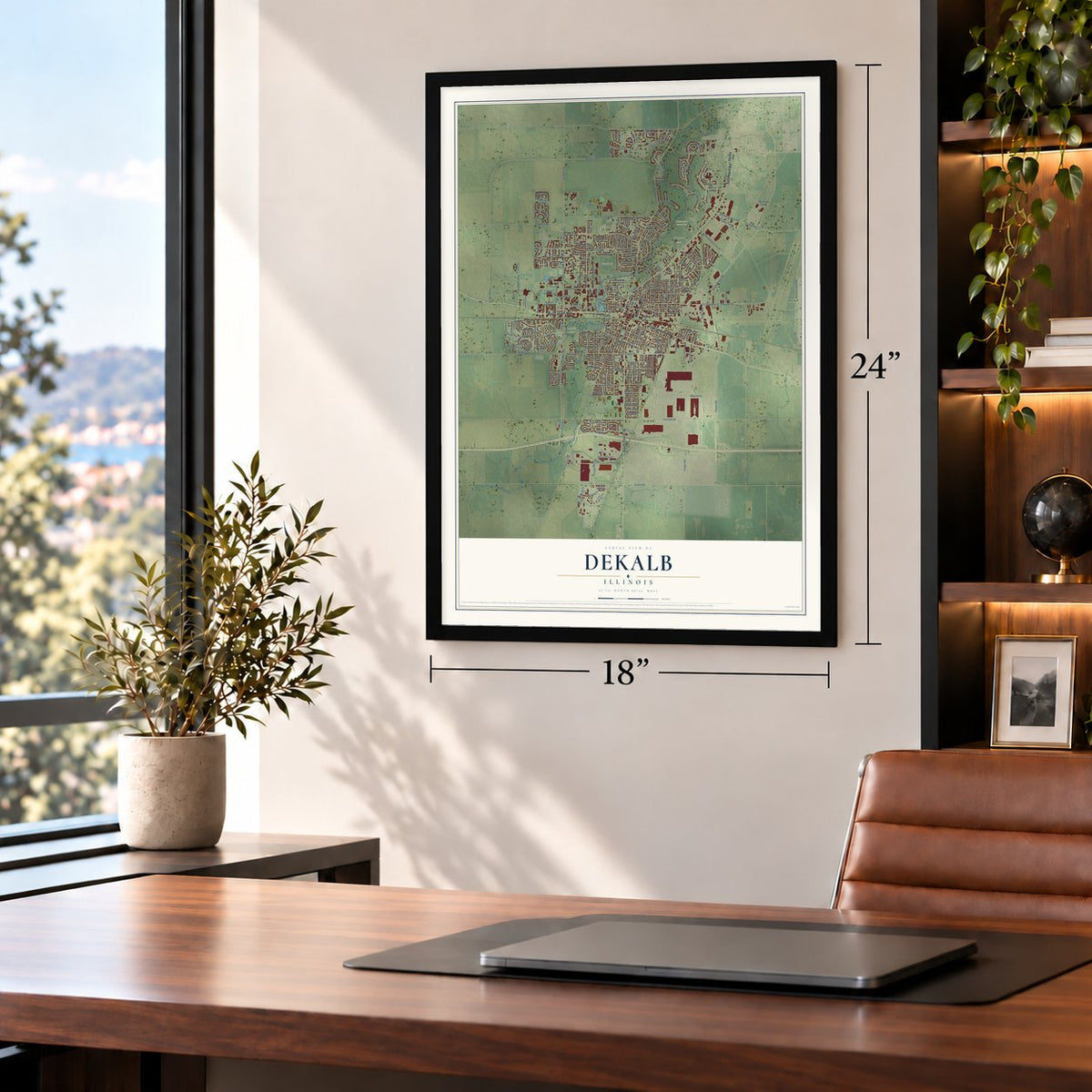 DeKalb, Illinois map, 18 x 24 inch print in a black frame in a home office