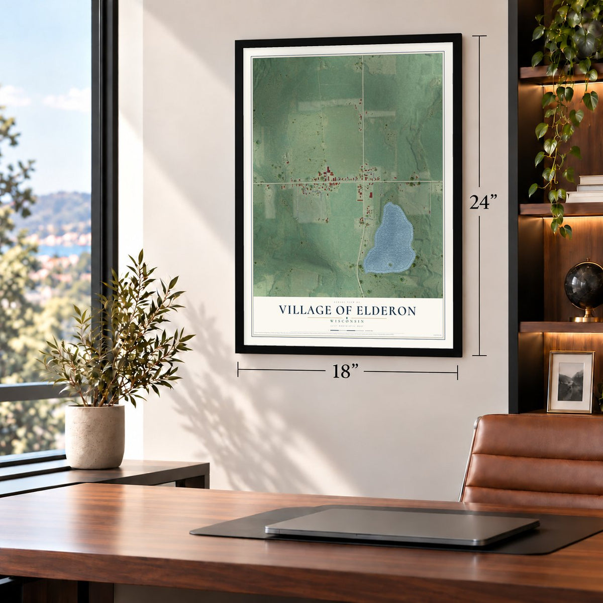 Elderon, Wisconsin map, 18 x 24 inch print in a black frame in a home office