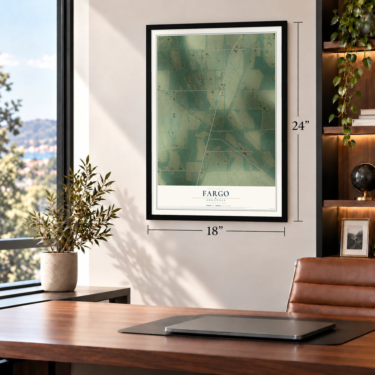 Fargo, Arkansas map, 18 x 24 inch print in a black frame in a home office