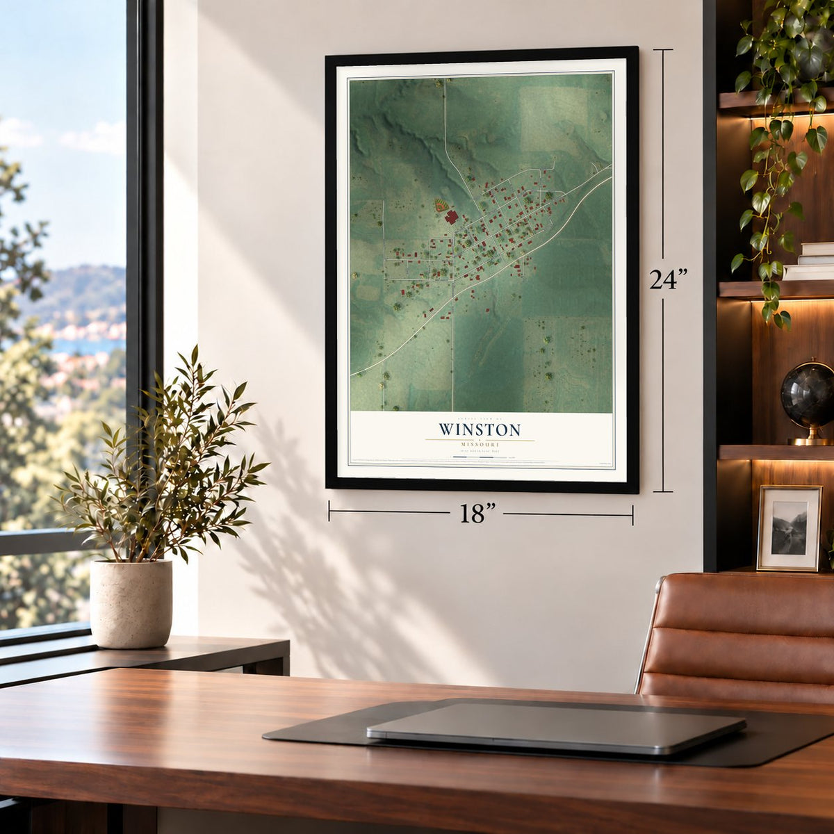 Winston, Missouri map, 18 x 24 inch print in a black frame in a home office
