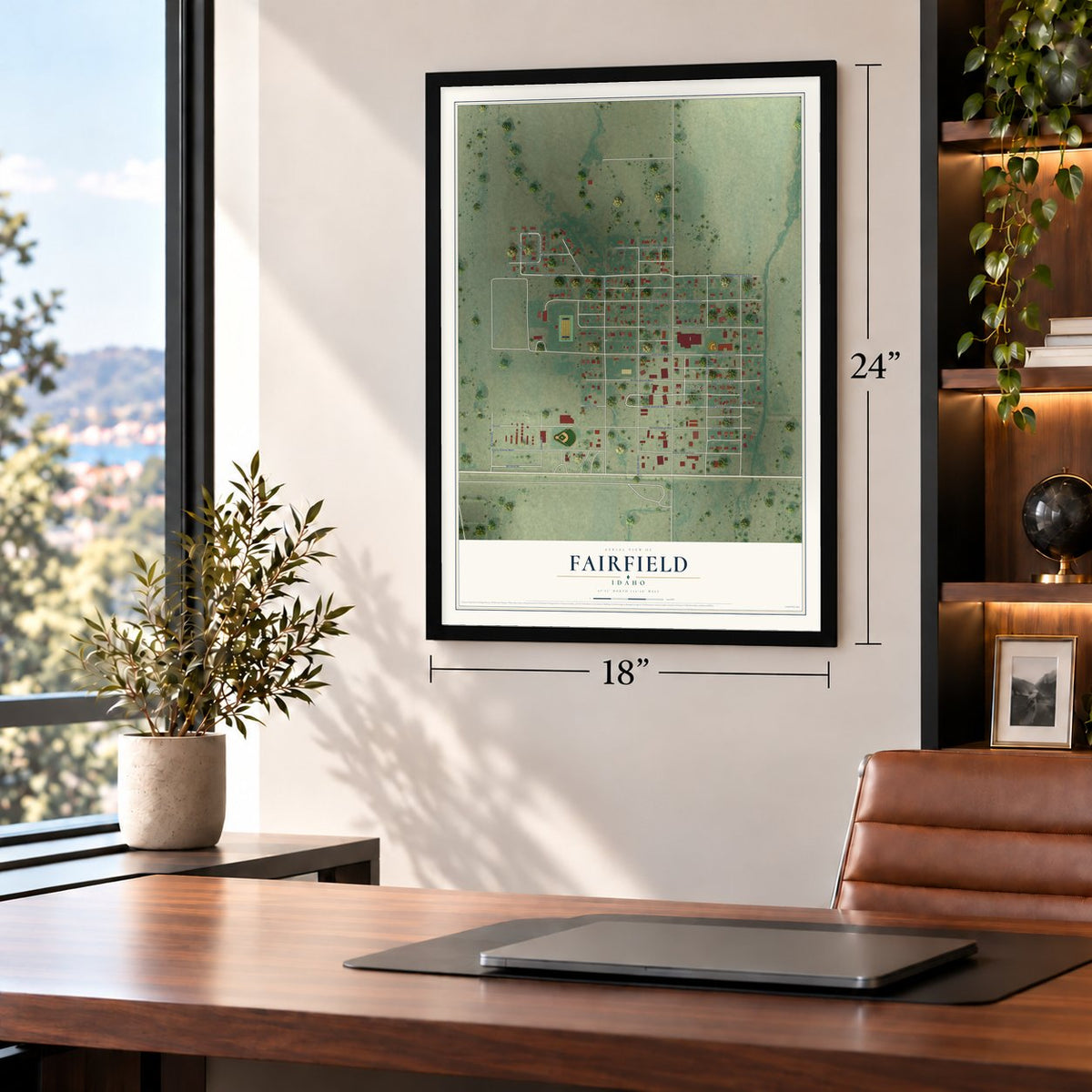 Fairfield, Idaho map, 18 x 24 inch print in a black frame in a home office