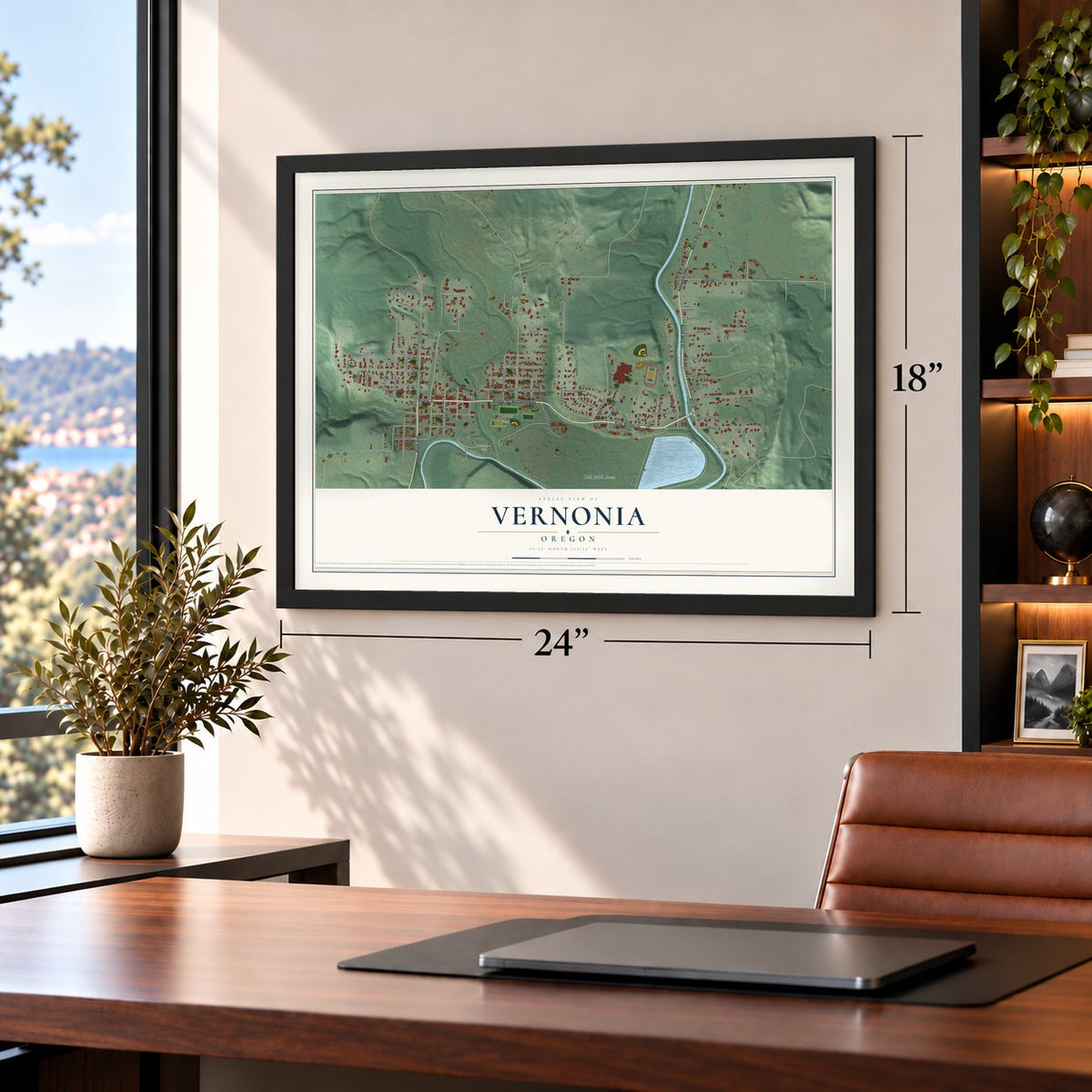Vernonia, Oregon map, 18 x 24 inch print in a black frame in a home office