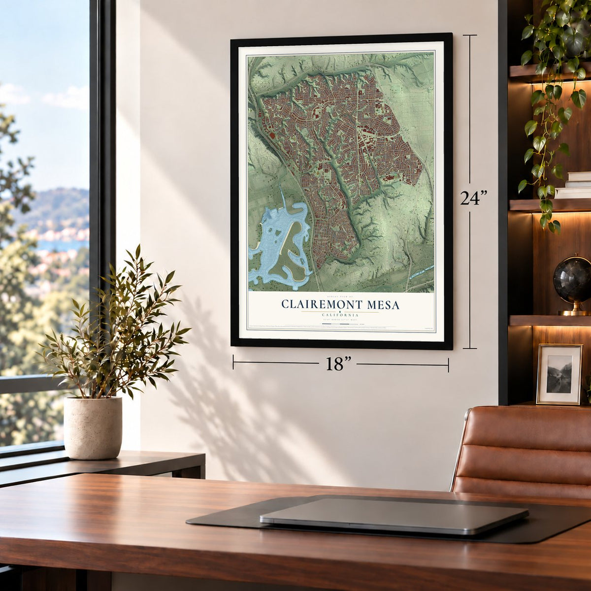 Clairemont Mesa, California map, 18 x 24 inch print in a black frame in a home office