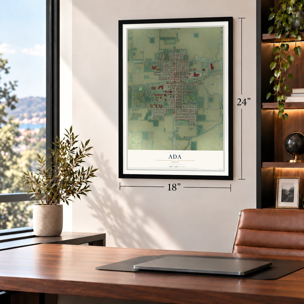 Ada, Ohio map, 18 x 24 inch print in a black frame in a home office