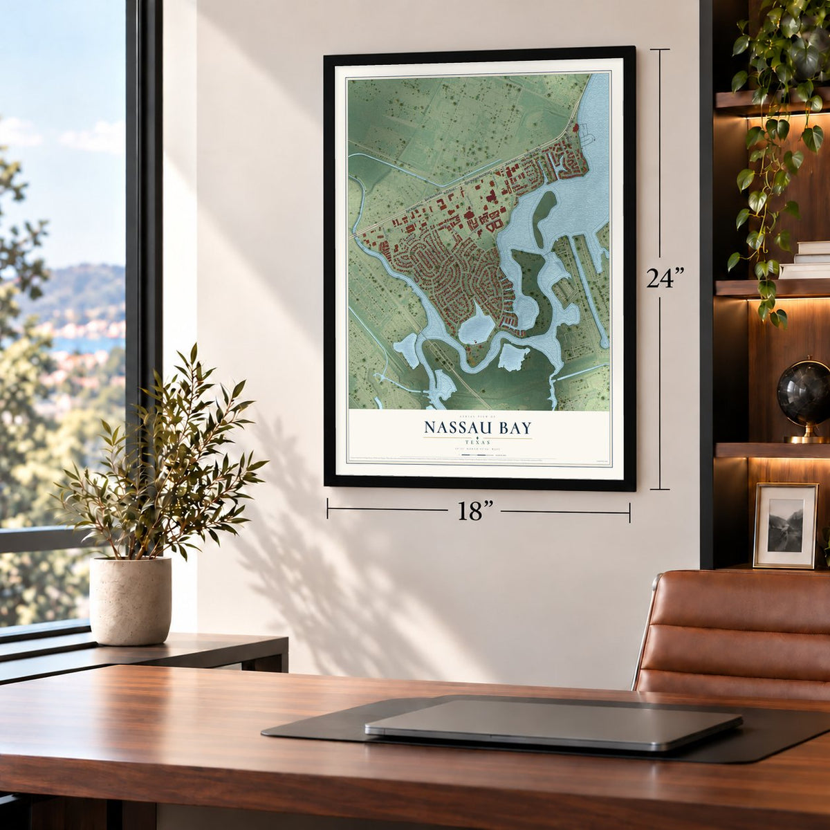 Nassau Bay, Texas map, 18 x 24 inch print in a black frame in a home office