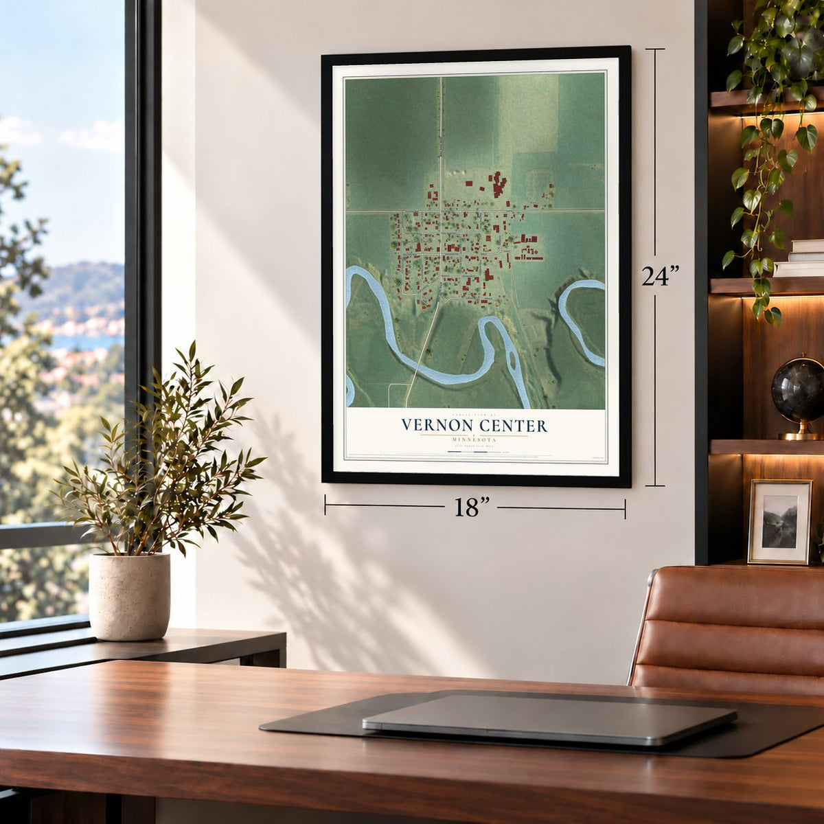 Vernon Center, Minnesota map, 18 x 24 inch print in a black frame in a home office