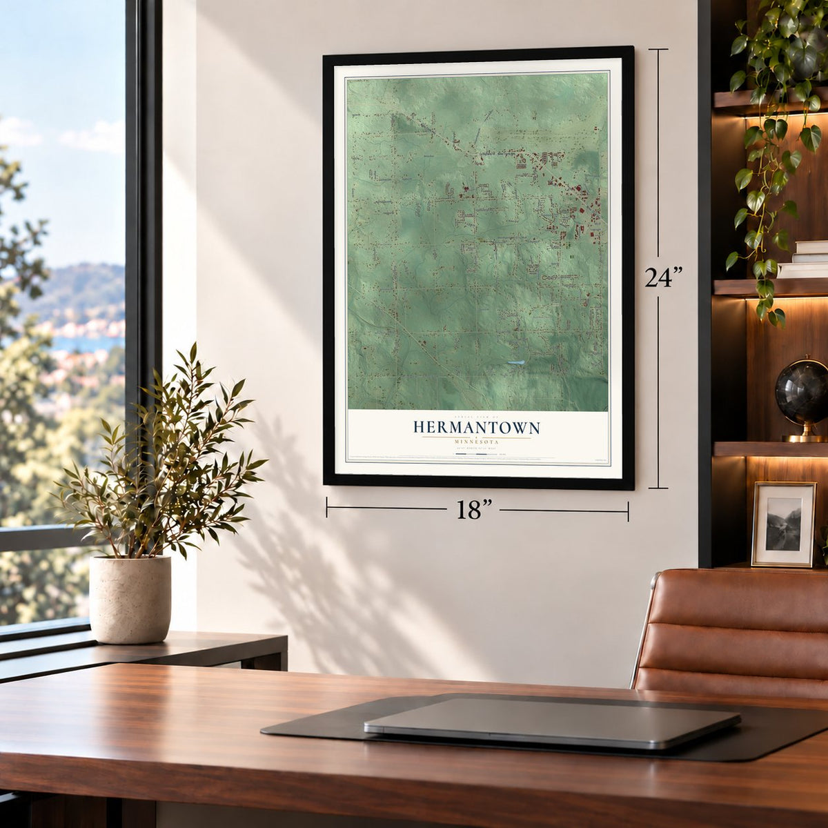 Hermantown, Minnesota map, 18 x 24 inch print in a black frame in a home office
