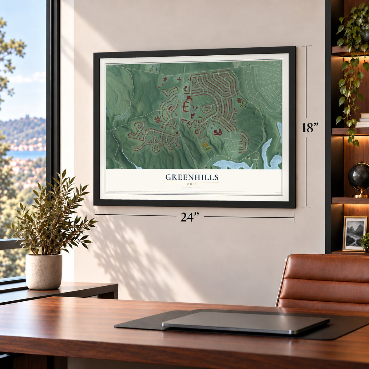 Greenhills, Ohio map, 18 x 24 inch print in a black frame in a home office