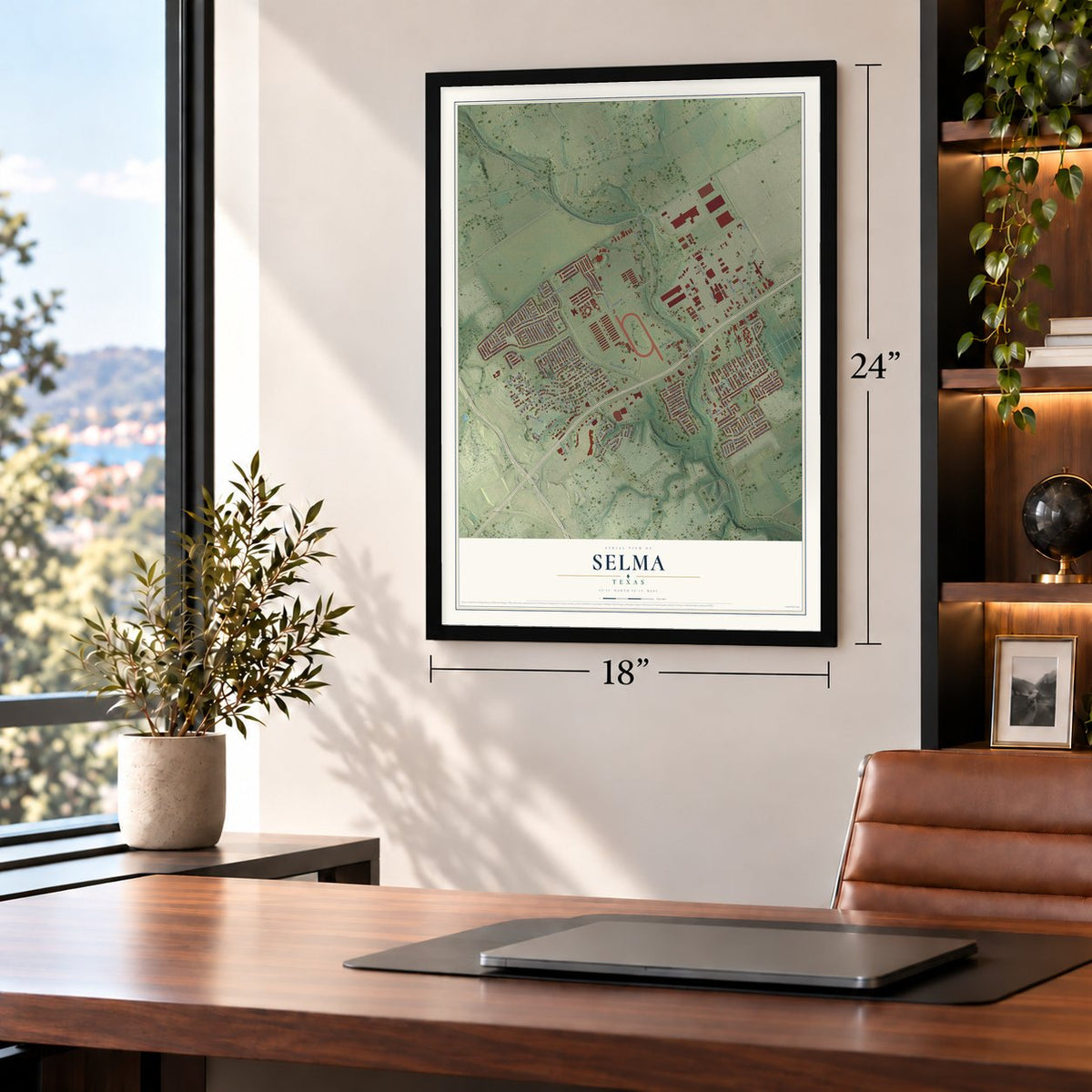 Selma, Texas map, 18 x 24 inch print in a black frame in a home office
