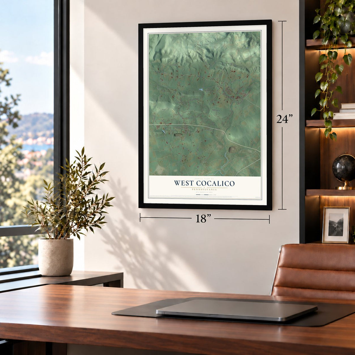 West Cocalico, Pennsylvania map, 18 x 24 inch print in a black frame in a home office