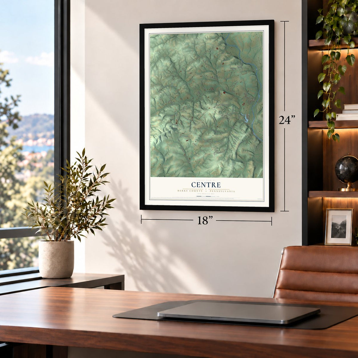 Centre, Berks County, Pennsylvania map, 18 x 24 inch print in a black frame in a home office