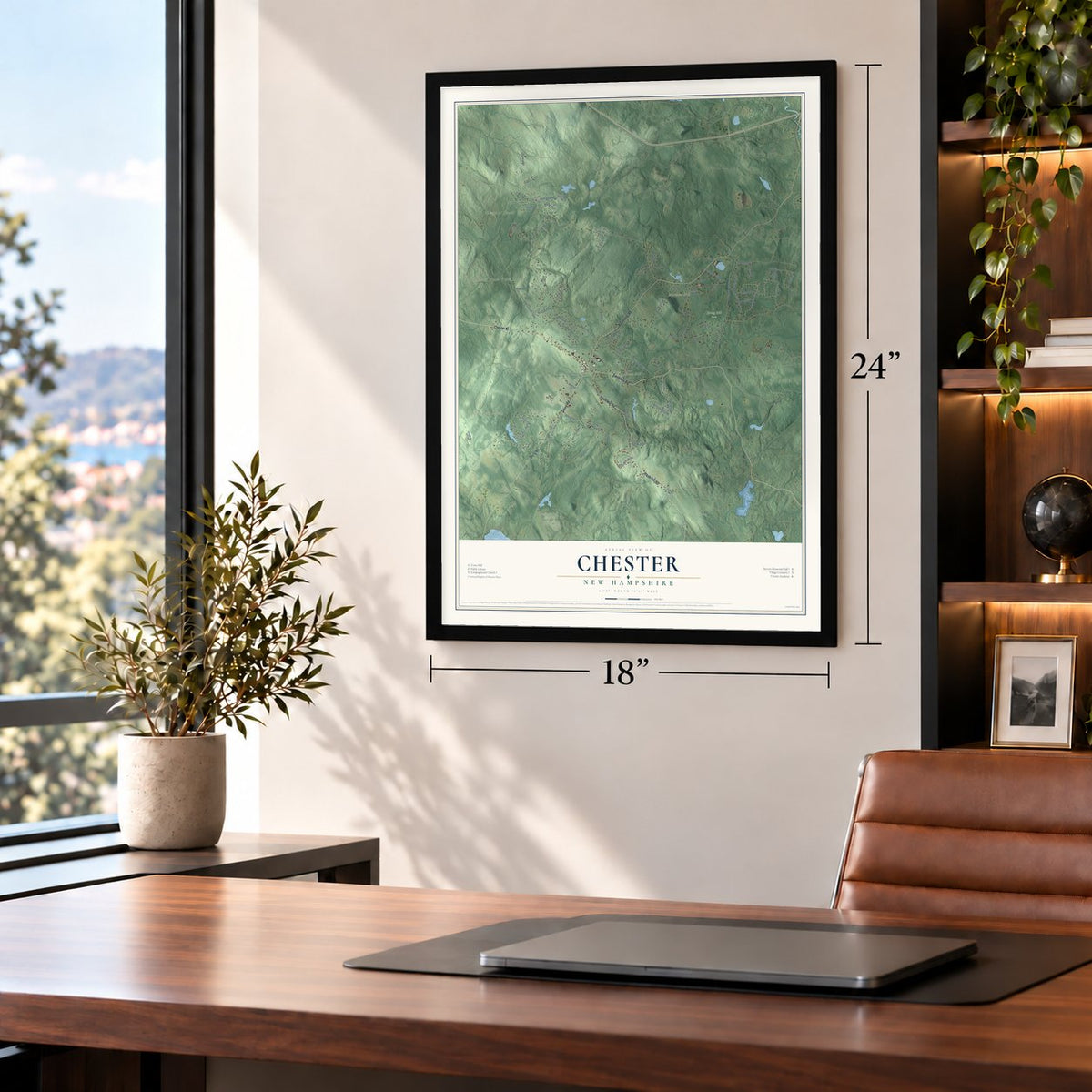 Chester, New Hampshire map, 18 x 24 inch print in a black frame in a home office