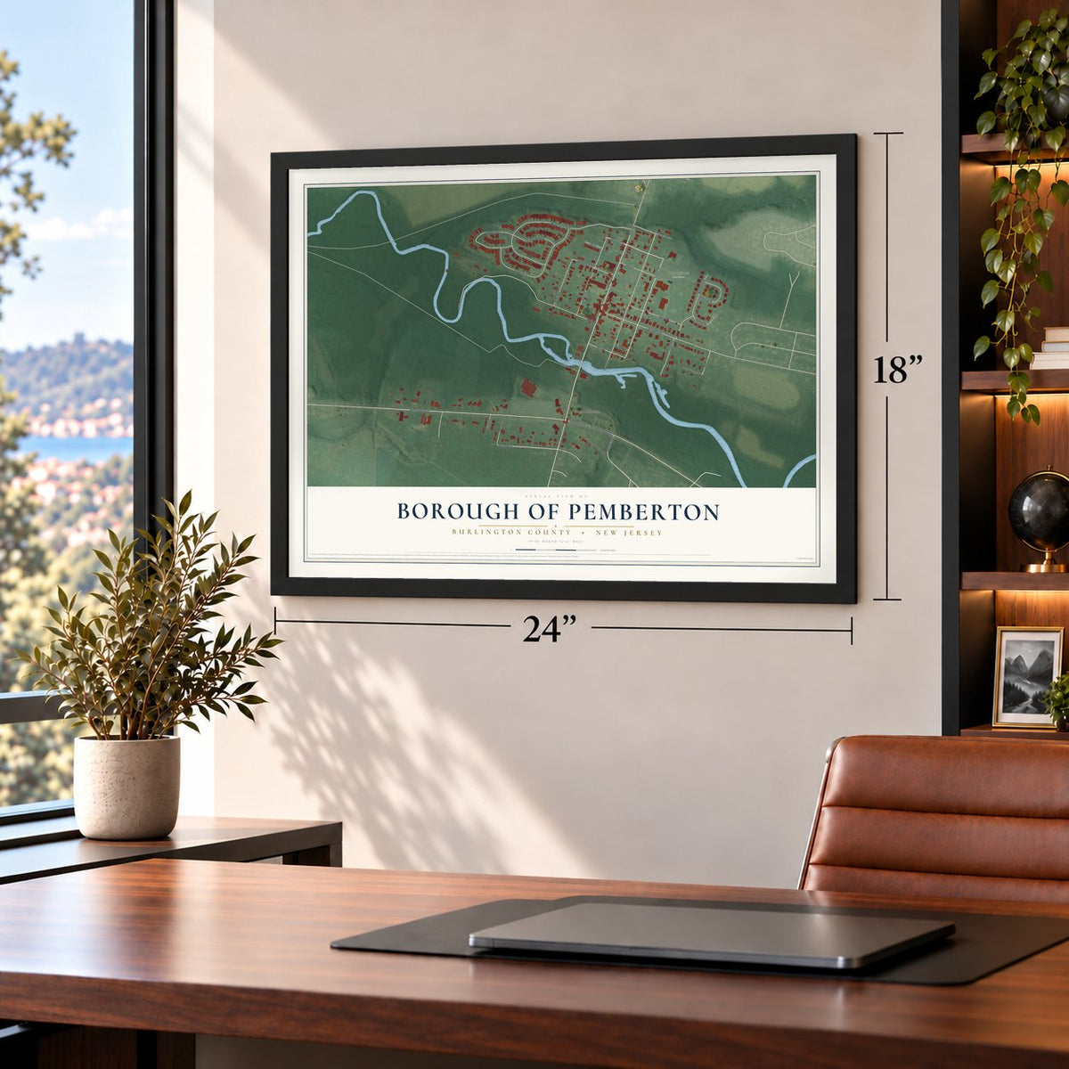 Borough of Pemberton, Burlington County, New Jersey map, 18 x 24 inch print in a black frame in a home office