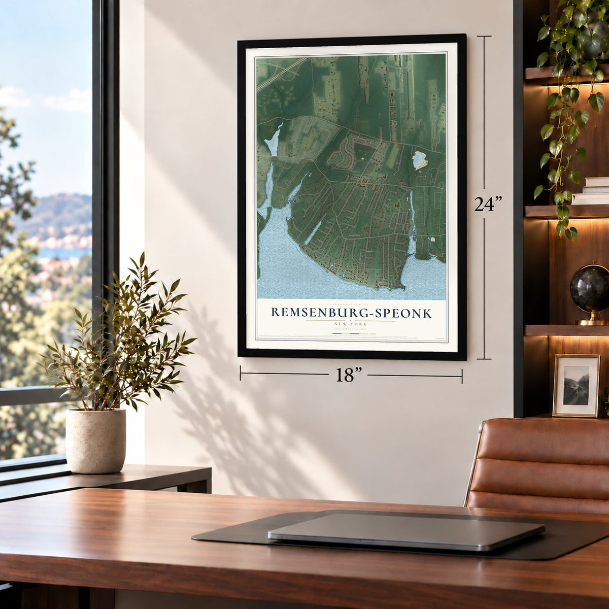 Remsenburg-Speonk, New York map, 18 x 24 inch print in a black frame in a home office