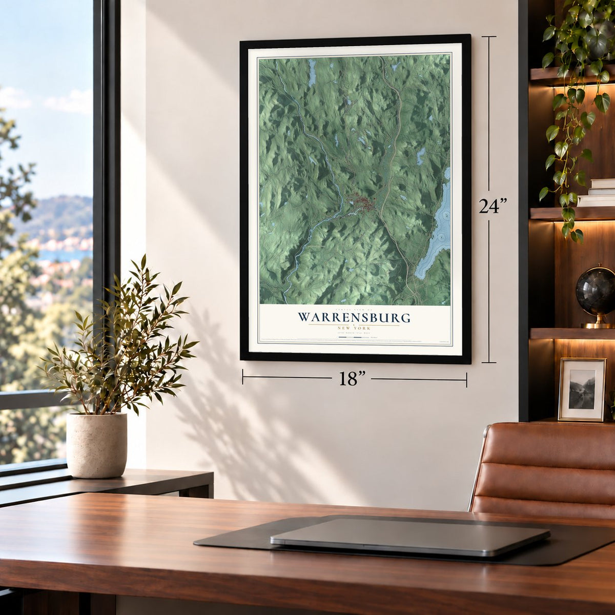 Warrensburg, New York map, 18 x 24 inch print in a black frame in a home office