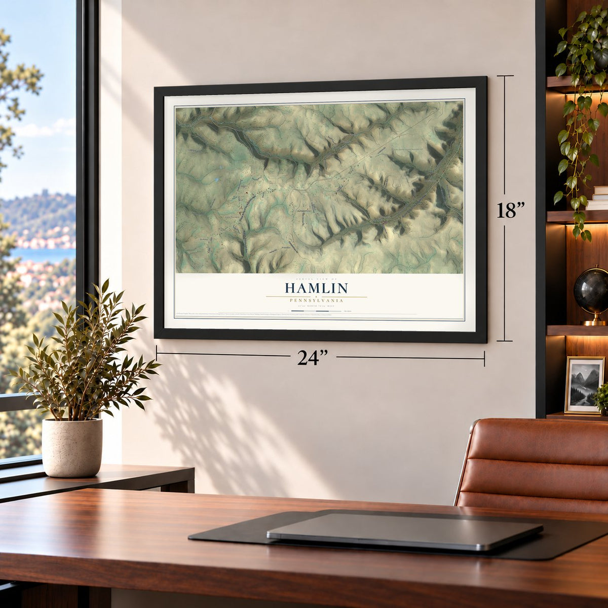Hamlin, Pennsylvania map, 18 x 24 inch print in a black frame in a home office