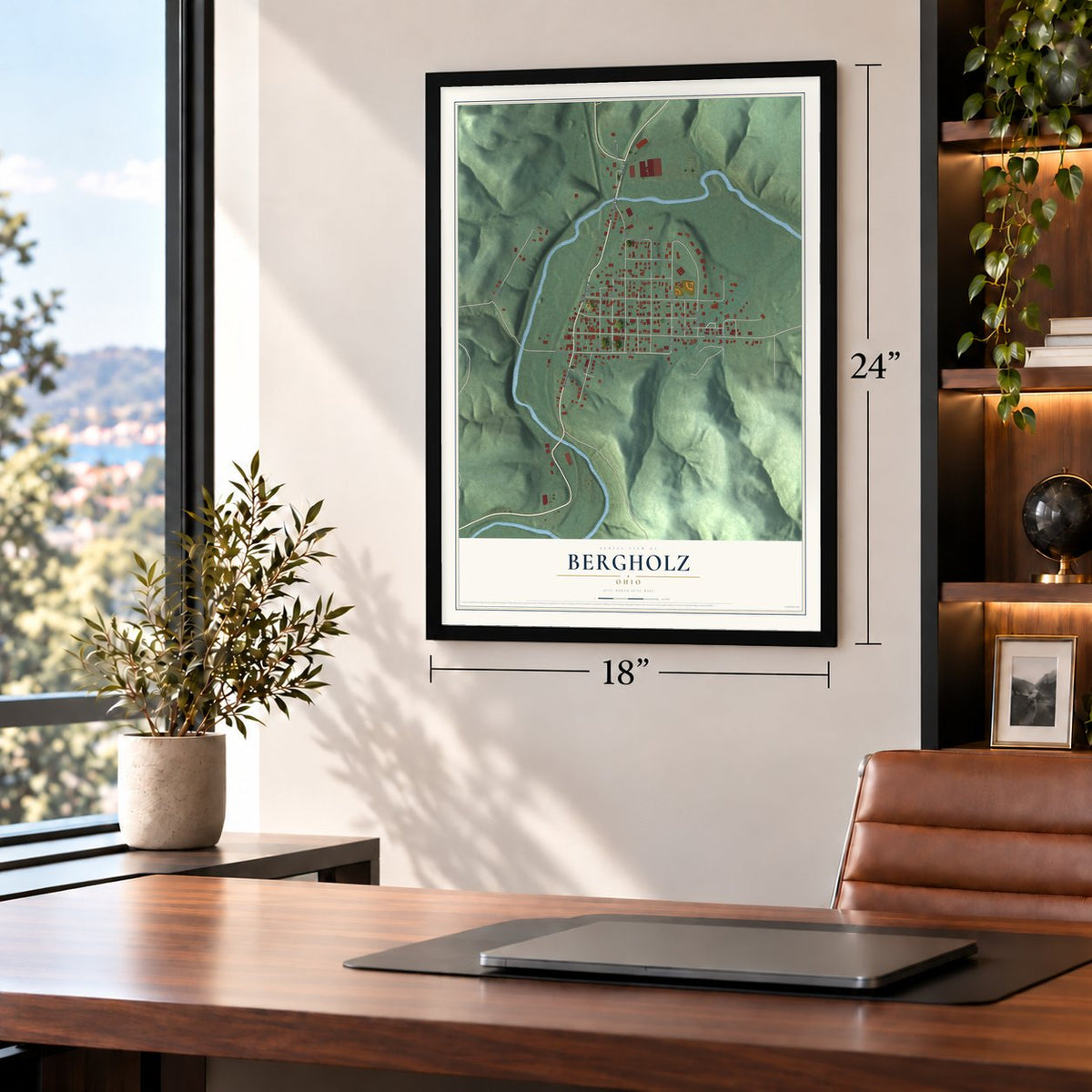 Bergholz, Ohio map, 18 x 24 inch print in a black frame in a home office