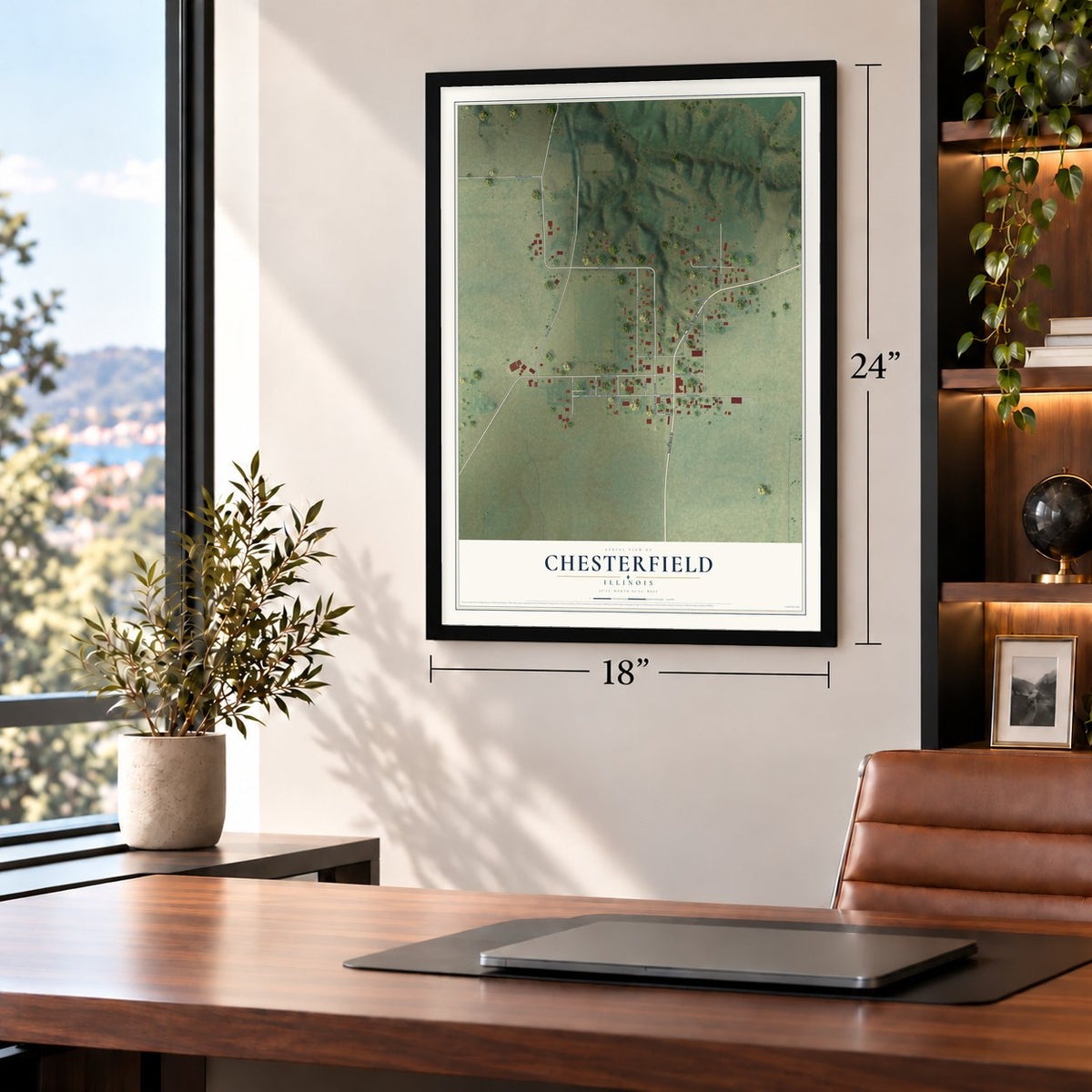 Chesterfield, Illinois map, 18 x 24 inch print in a black frame in a home office