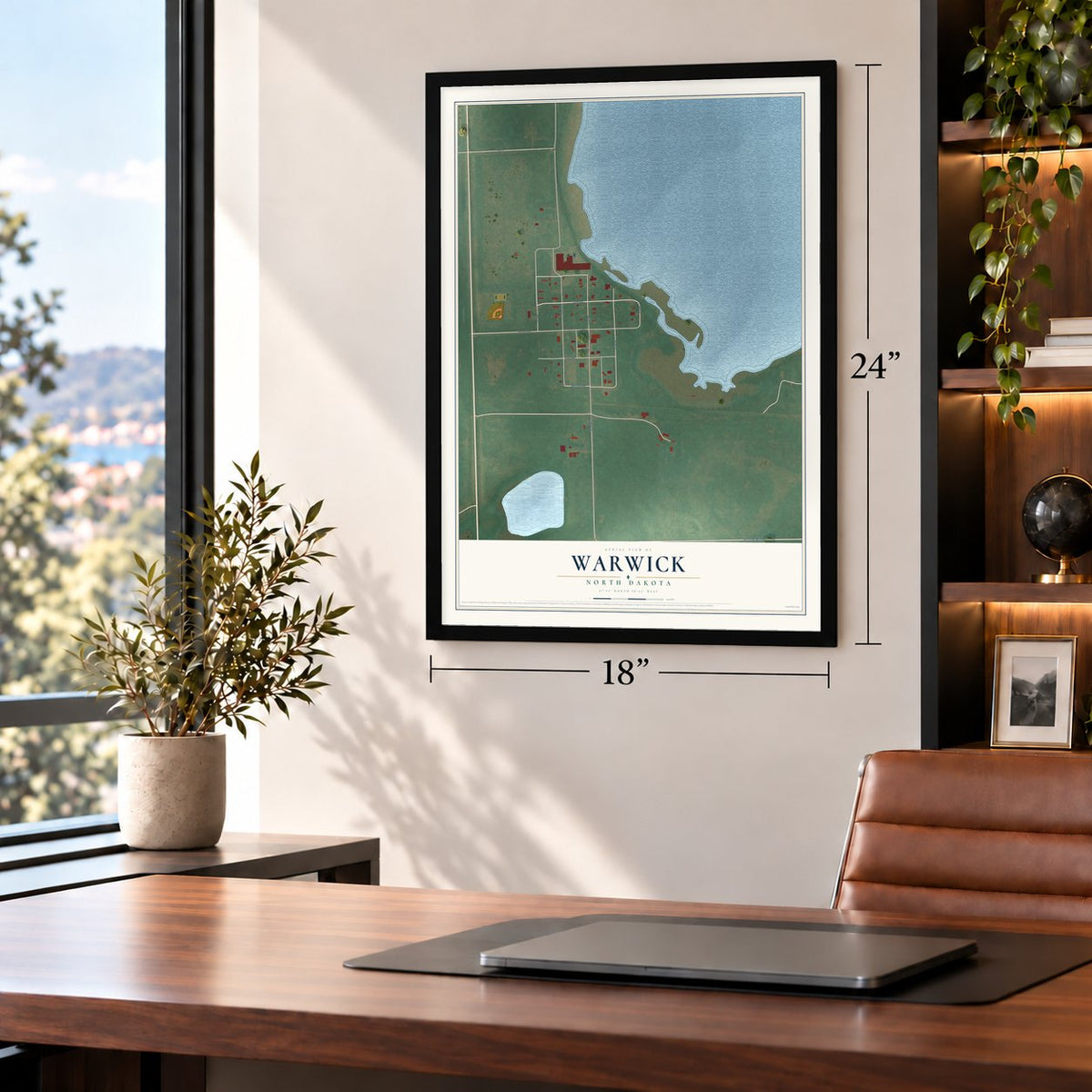 Warwick, North Dakota map, 18 x 24 inch print in a black frame in a home office