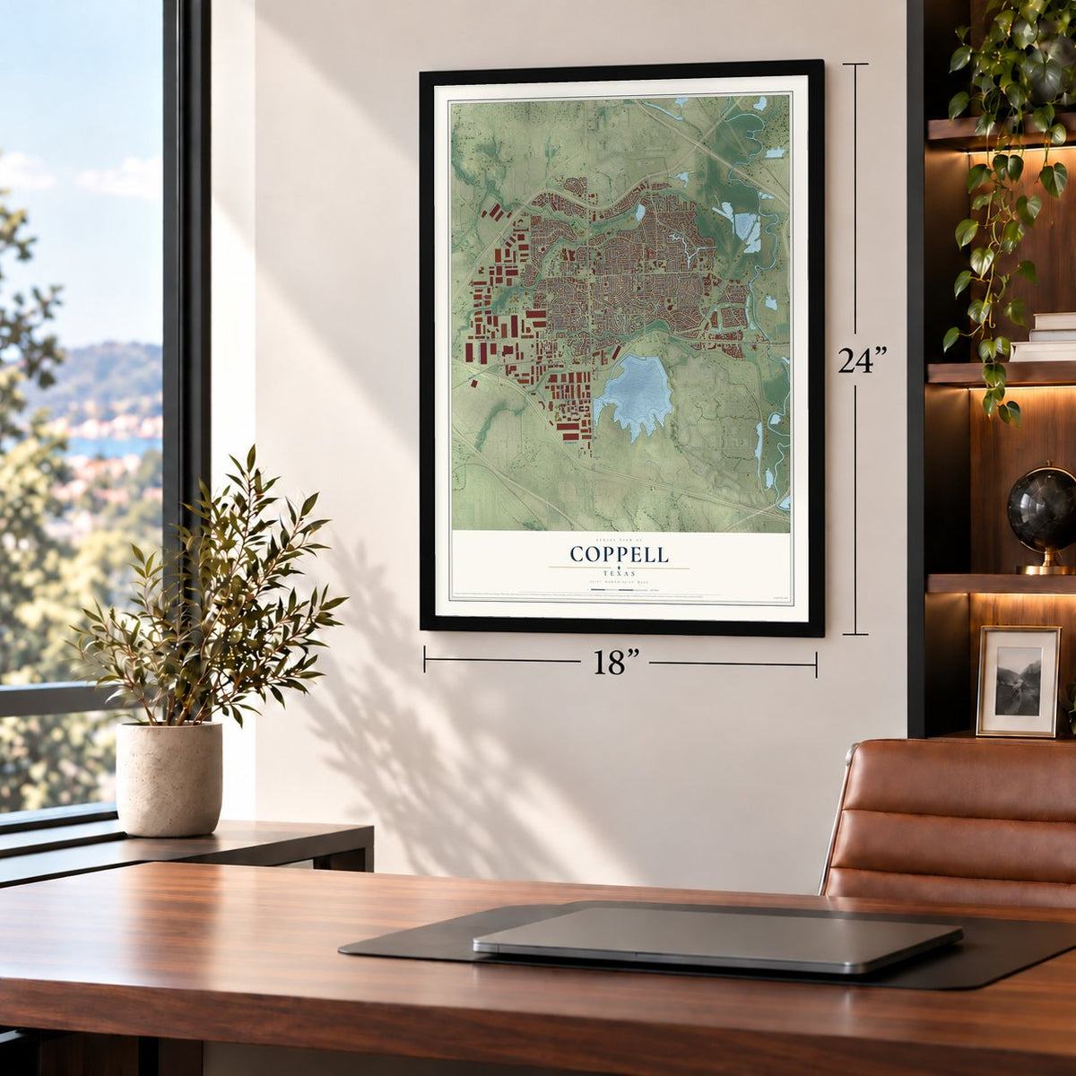 Coppell, Texas map, 18 x 24 inch print in a black frame in a home office