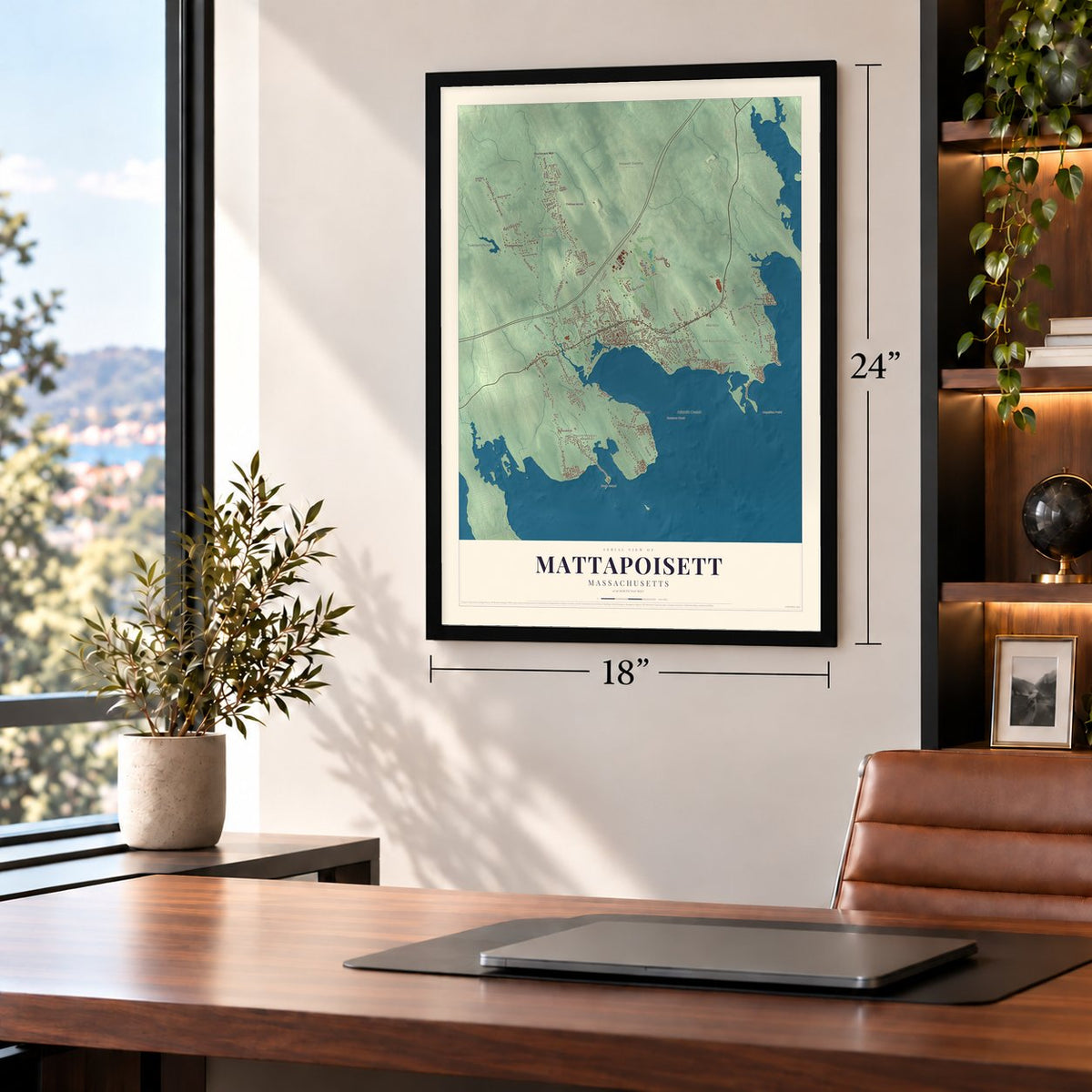 Mattapoisett, Massachusetts map, 18 x 24 inch print in a black frame in a home office