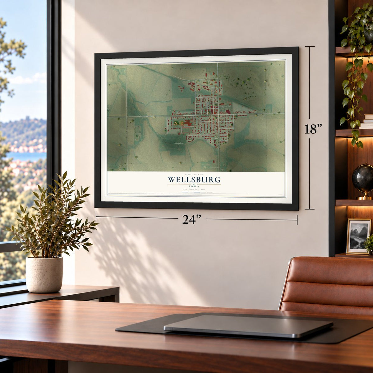Wellsburg, Iowa map, 18 x 24 inch print in a black frame in a home office