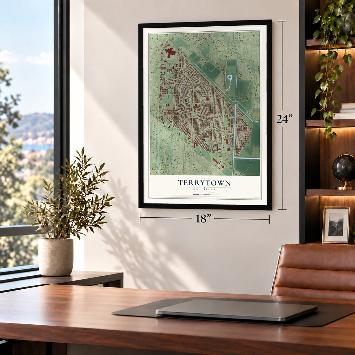 Terrytown, Louisiana map, 18 x 24 inch print in a black frame in a home office