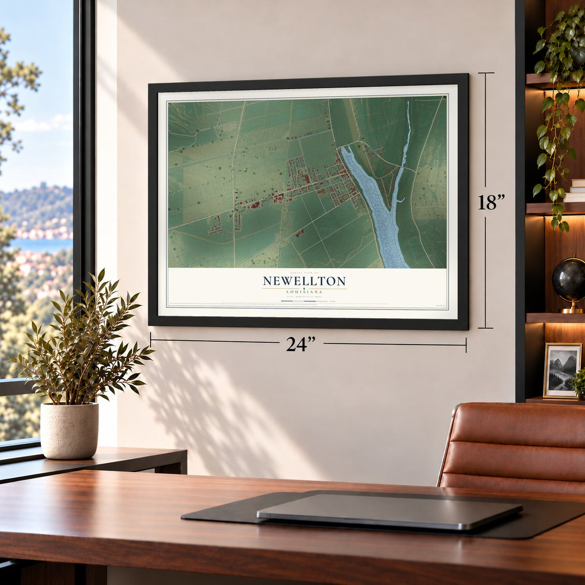 Newellton, Louisiana map, 18 x 24 inch print in a black frame in a home office