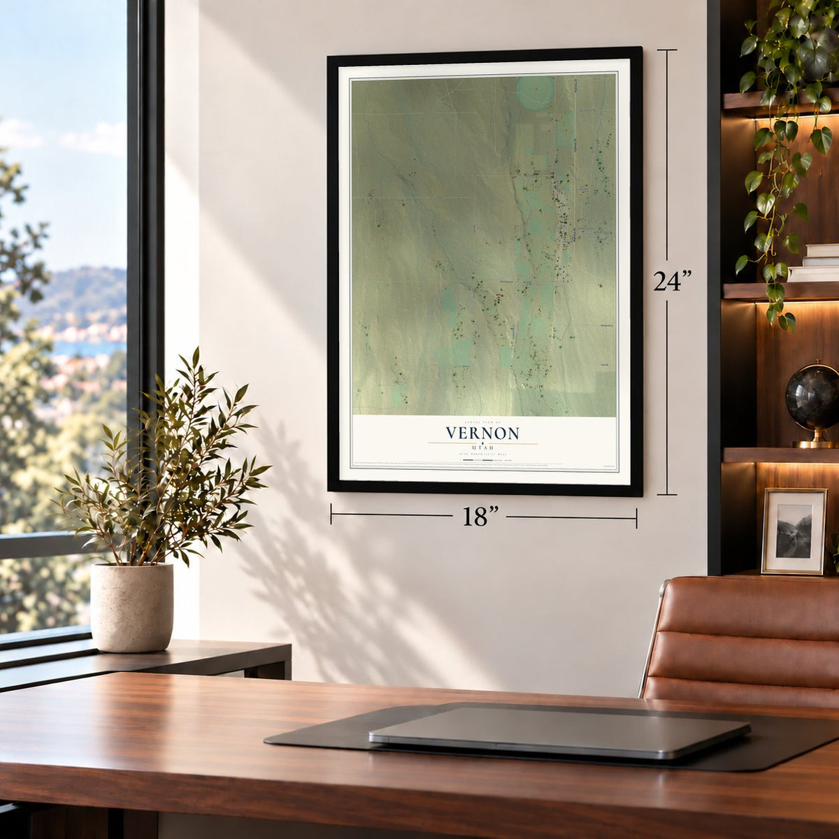 Vernon, Utah map, 18 x 24 inch print in a black frame in a home office