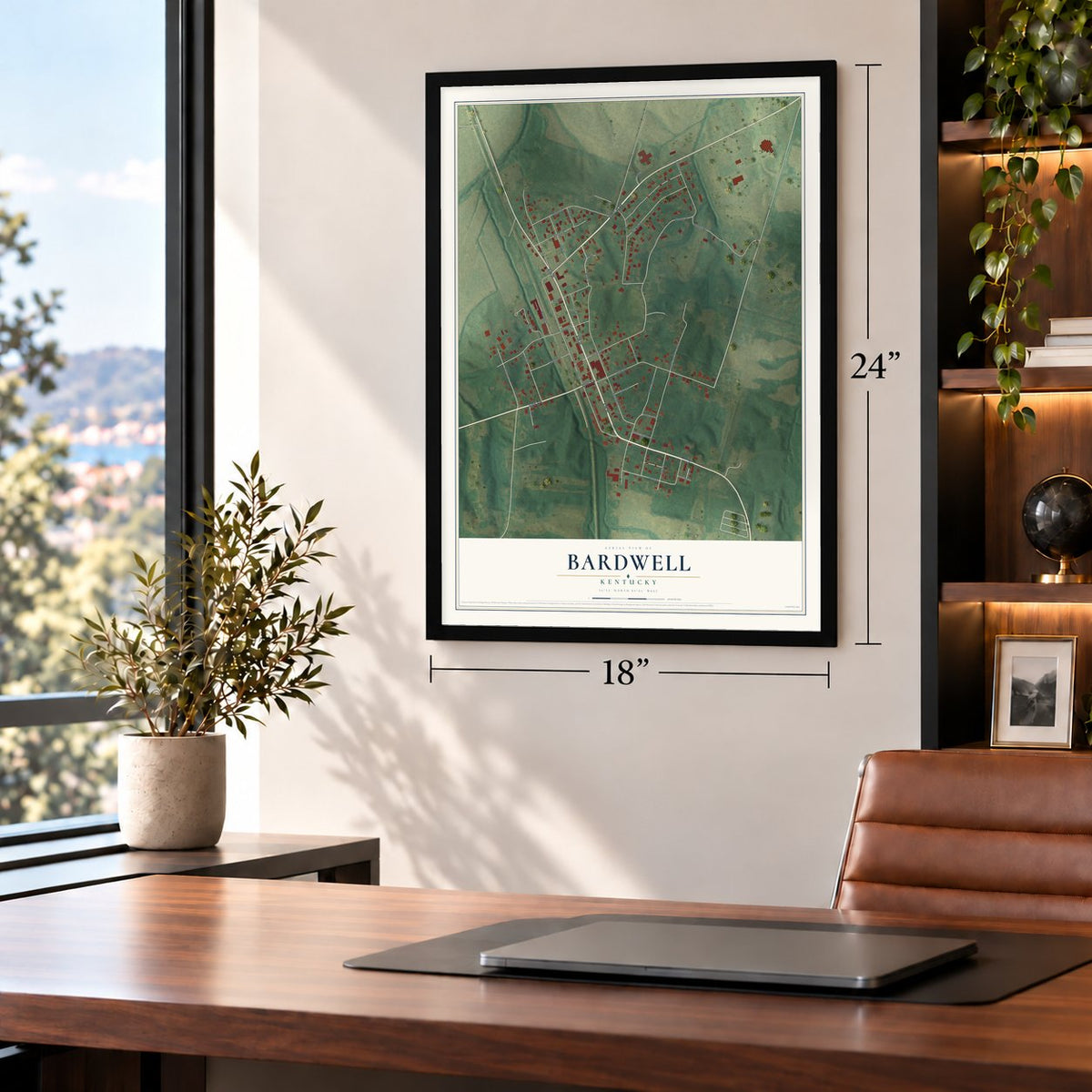 Bardwell, Kentucky map, 18 x 24 inch print in a black frame in a home office