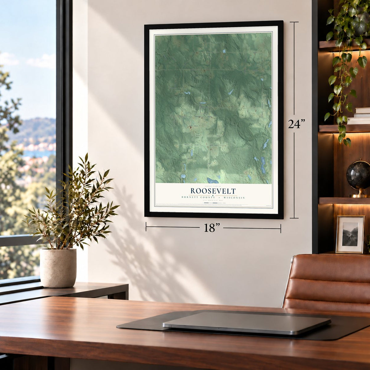Roosevelt, Burnett County, Wisconsin map, 18 x 24 inch print in a black frame in a home office
