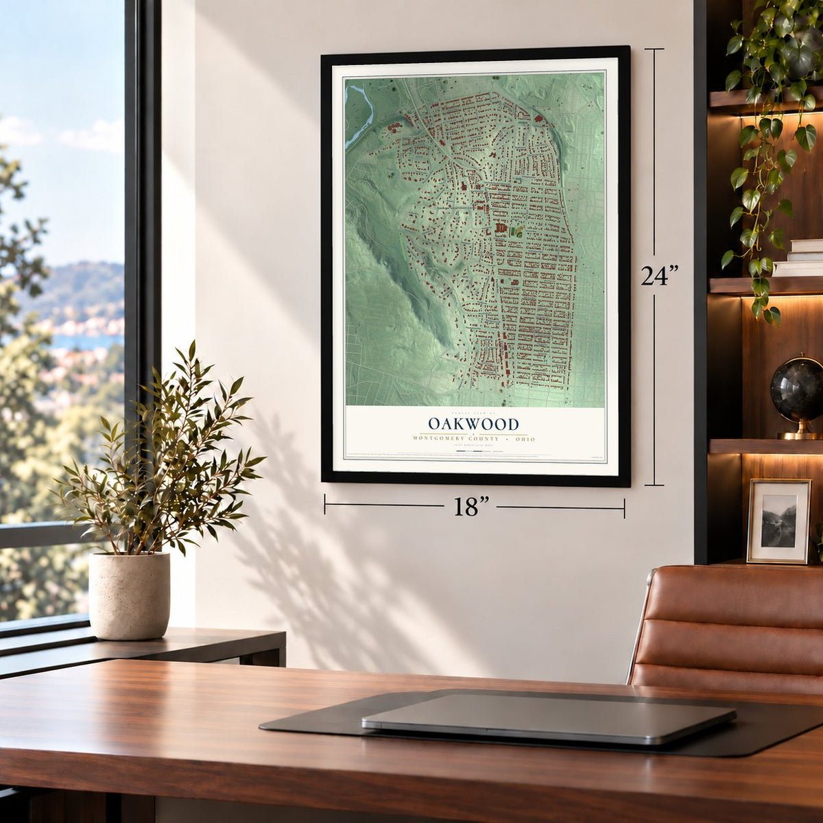 Oakwood, Montgomery County, Ohio map, 18 x 24 inch print in a black frame in a home office