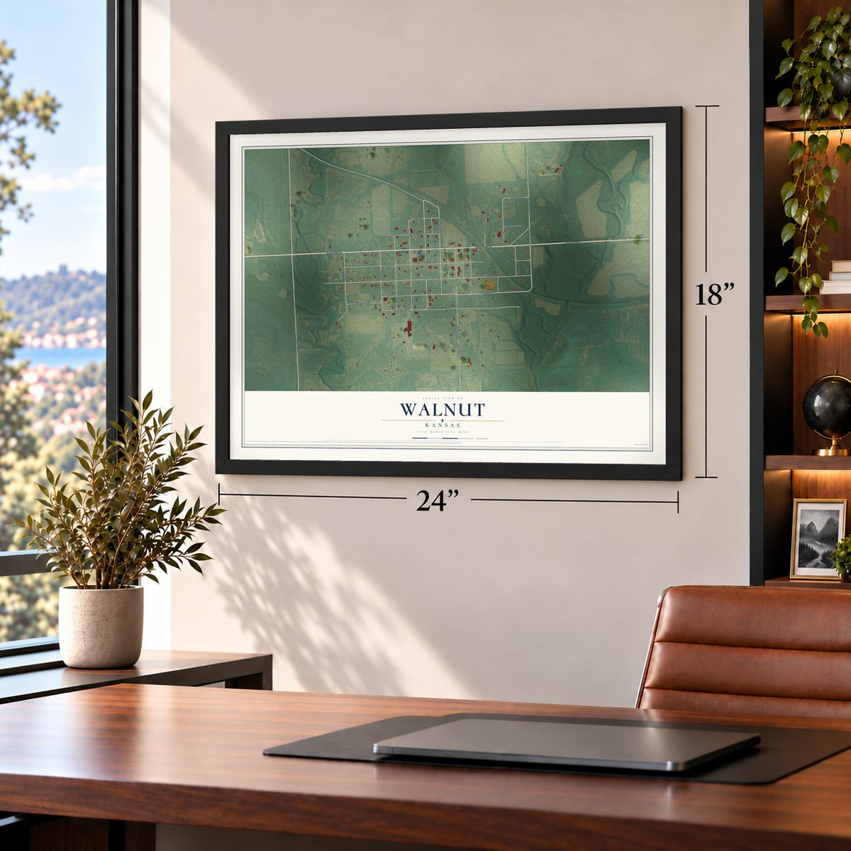 Walnut, Kansas map, 18 x 24 inch print in a black frame in a home office