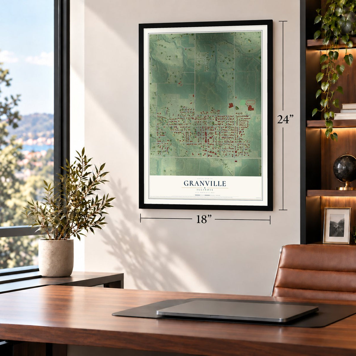 Granville, Illinois map, 18 x 24 inch print in a black frame in a home office