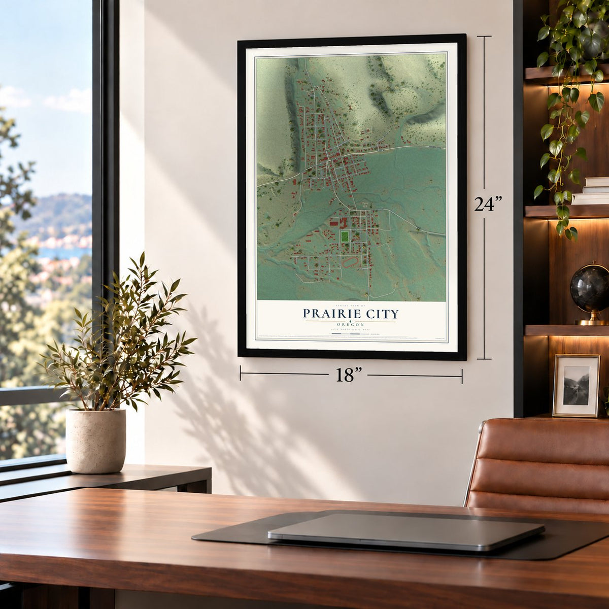 Prairie City, Oregon map, 18 x 24 inch print in a black frame in a home office
