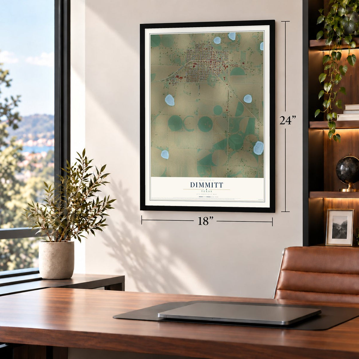Dimmitt, Texas map, 18 x 24 inch print in a black frame in a home office