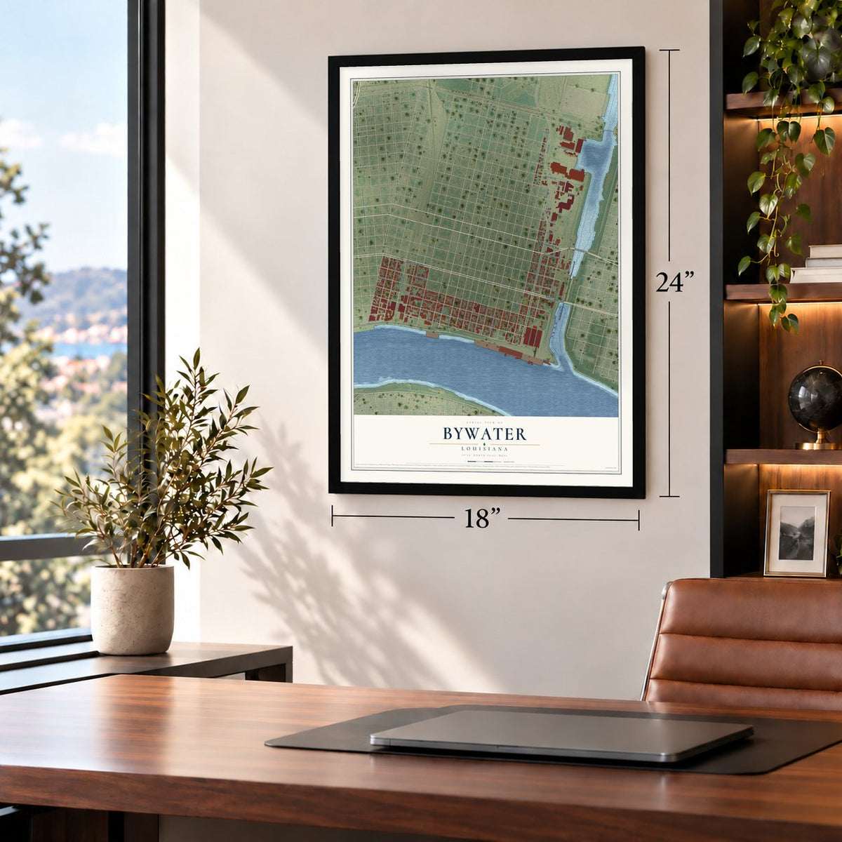 Bywater, Louisiana map, 18 x 24 inch print in a black frame in a home office