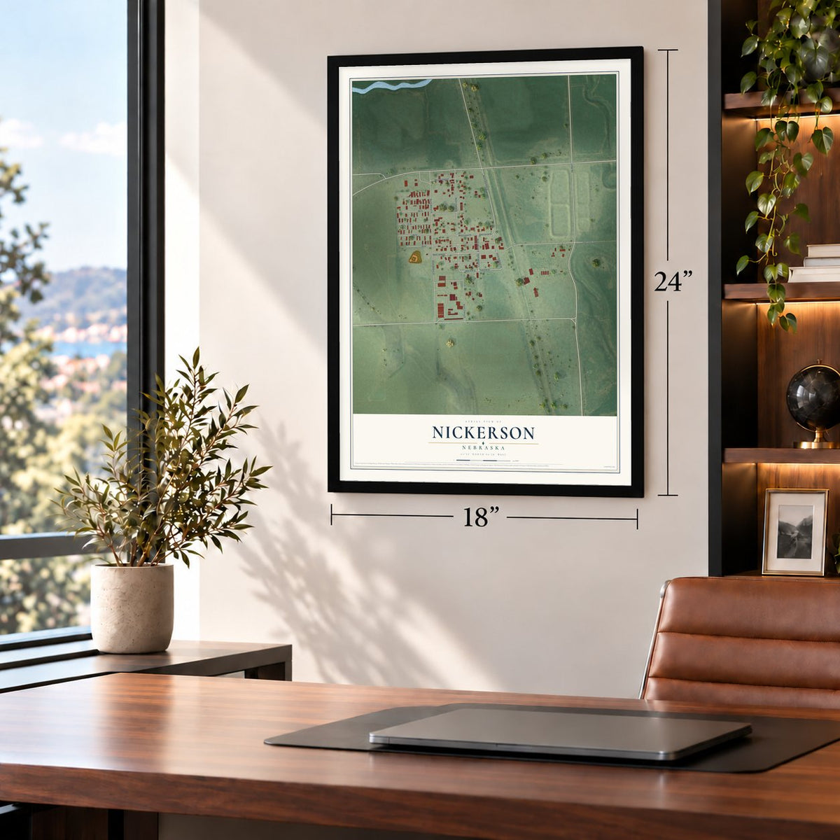 Nickerson, Nebraska map, 18 x 24 inch print in a black frame in a home office