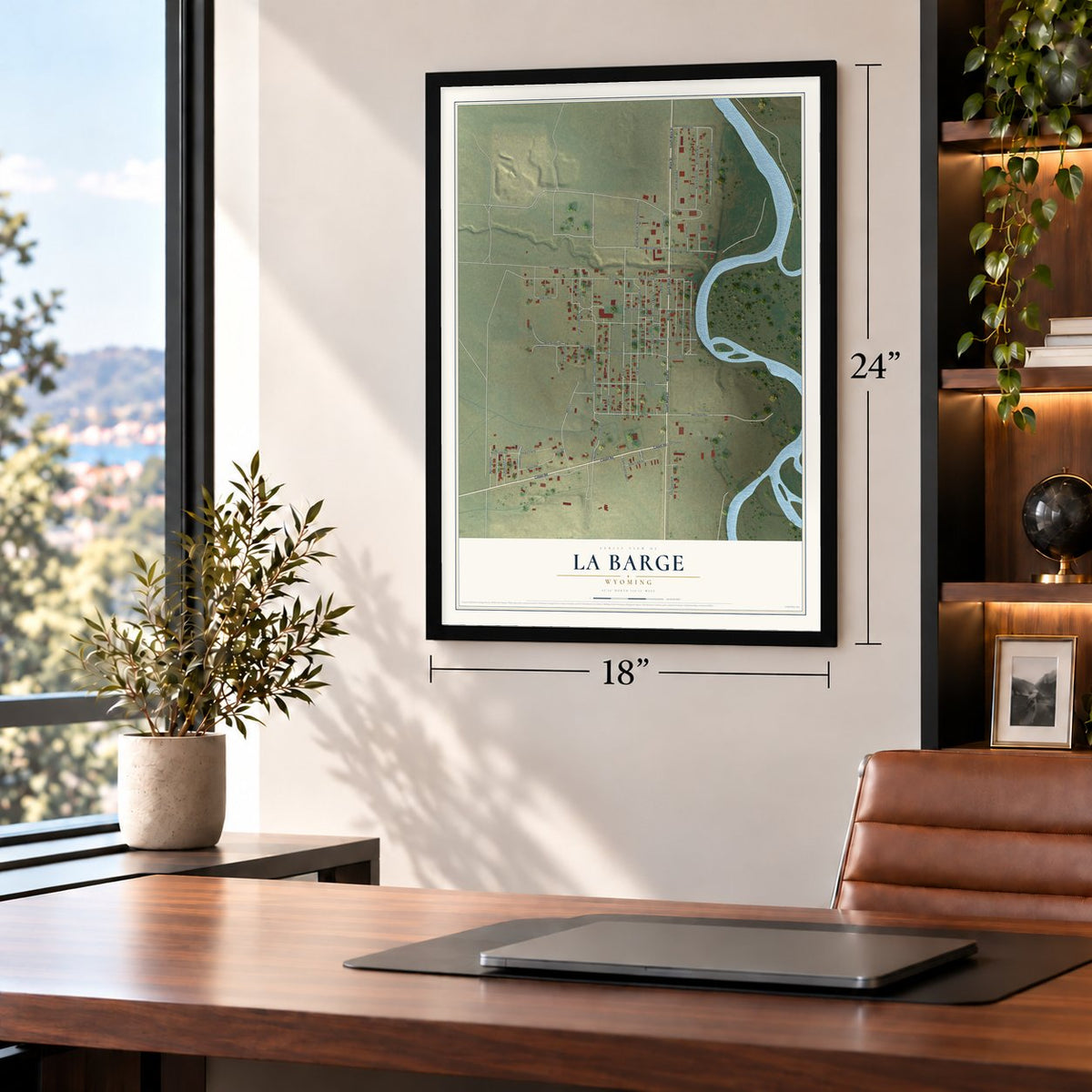 La Barge, Wyoming map, 18 x 24 inch print in a black frame in a home office