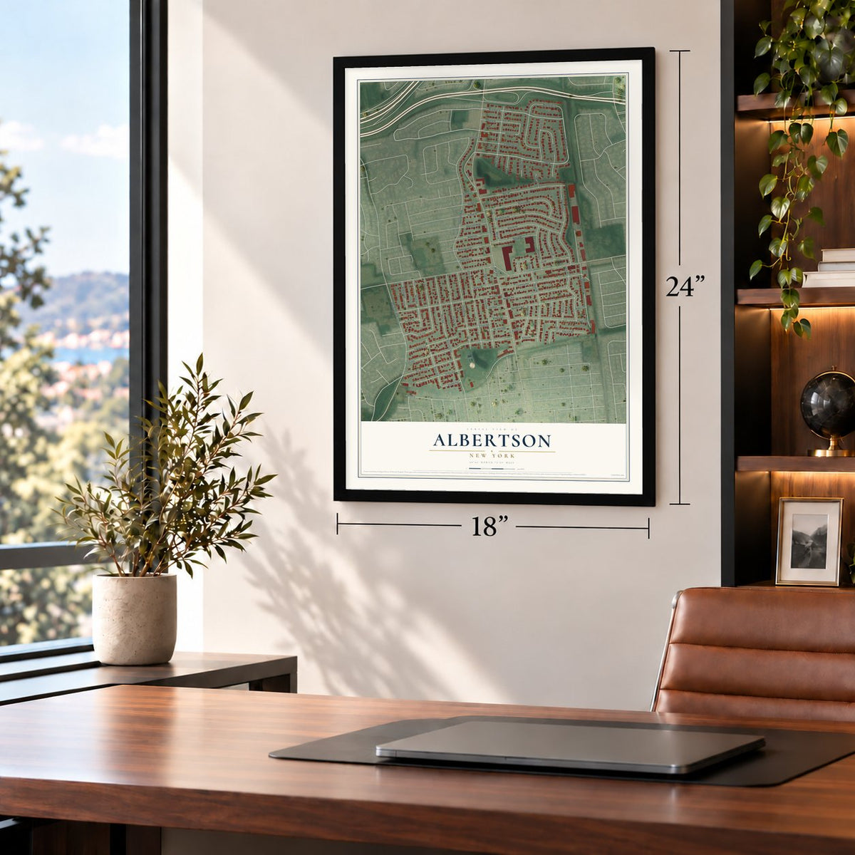 Albertson, New York map, 18 x 24 inch print in a black frame in a home office