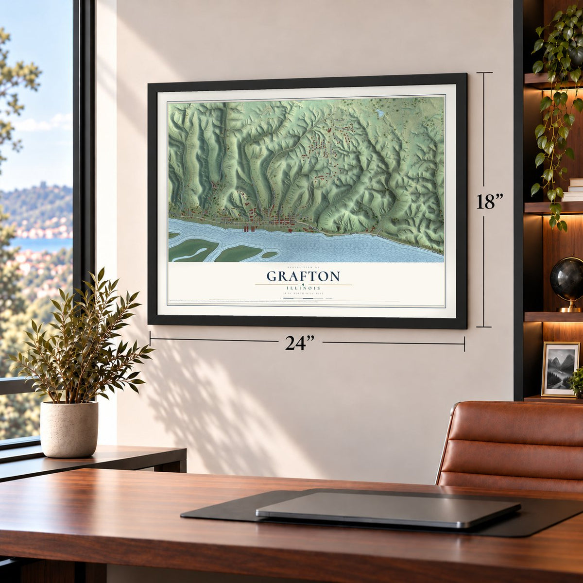 Grafton, Illinois map, 18 x 24 inch print in a black frame in a home office