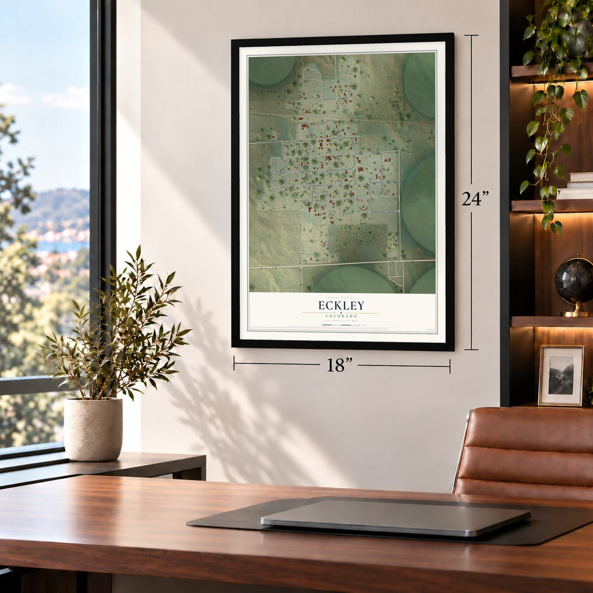 Eckley, Colorado map, 18 x 24 inch print in a black frame in a home office