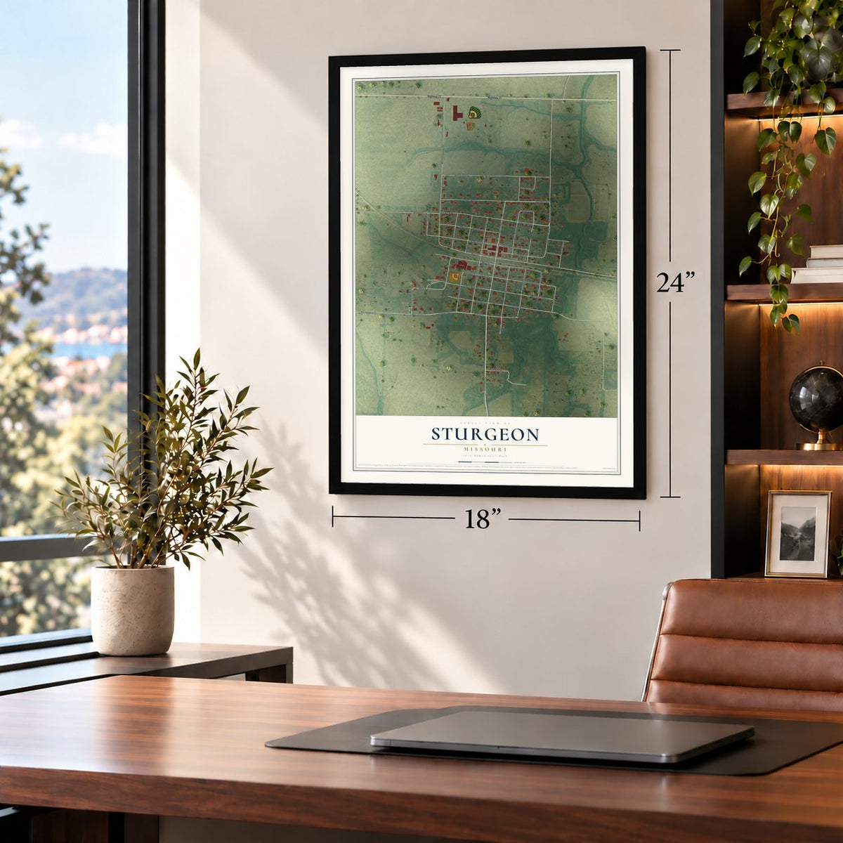Sturgeon, Missouri map, 18 x 24 inch print in a black frame in a home office