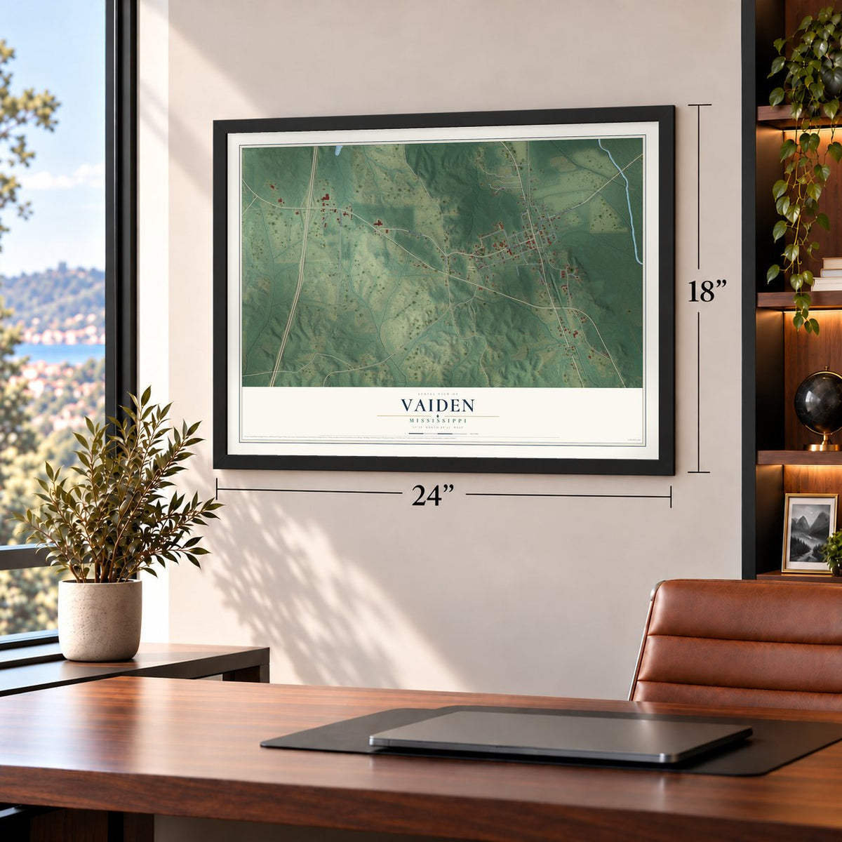 Vaiden, Mississippi map, 18 x 24 inch print in a black frame in a home office