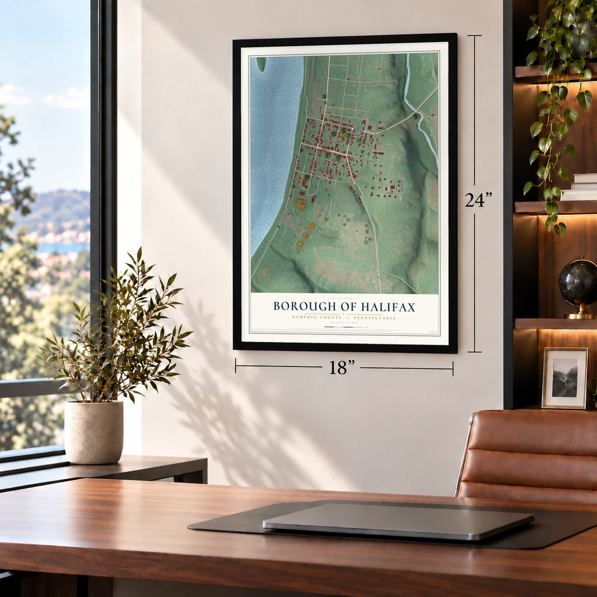 Borough of Halifax, Dauphin County, Pennsylvania map, 18 x 24 inch print in a black frame in a home office
