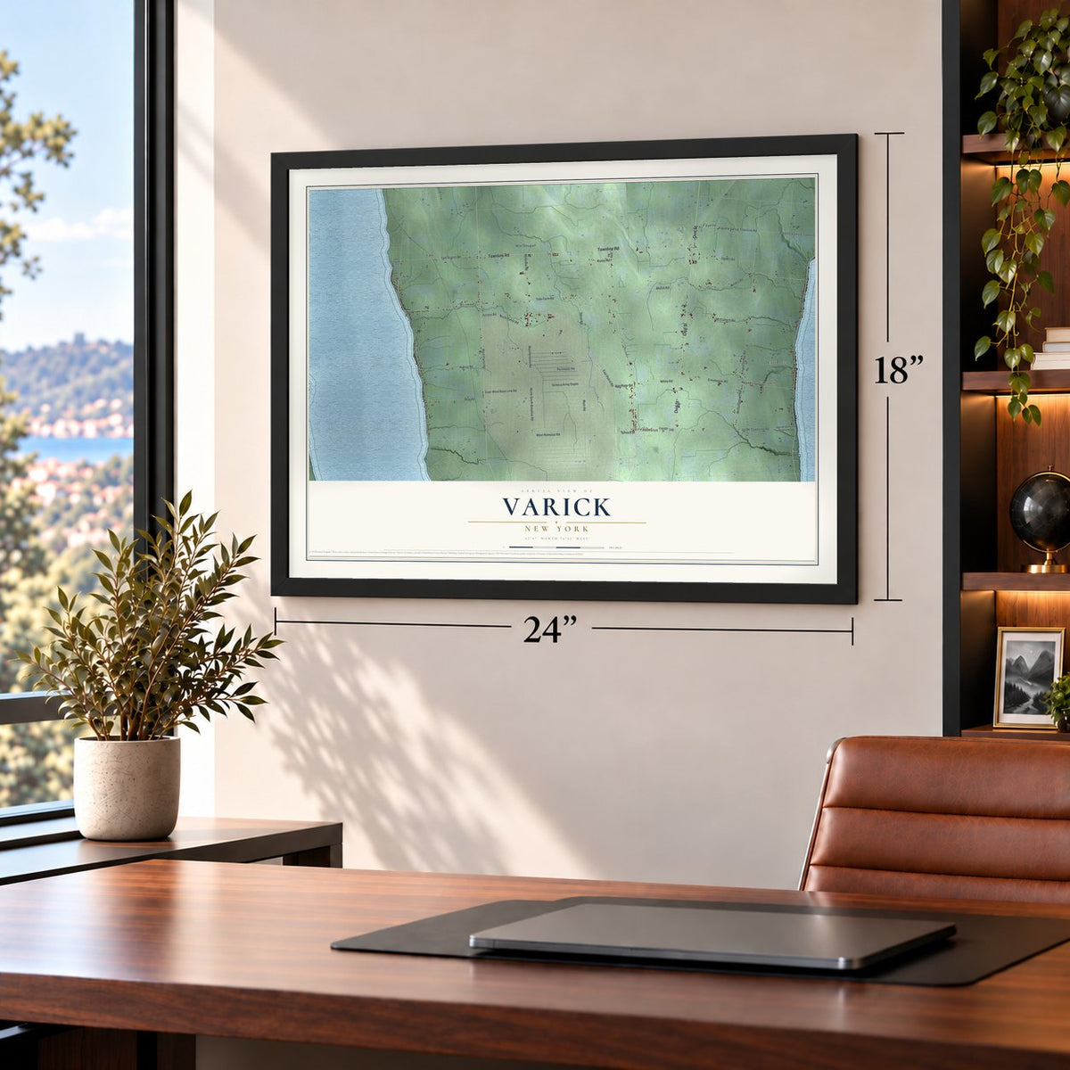 Varick, New York map, 18 x 24 inch print in a black frame in a home office